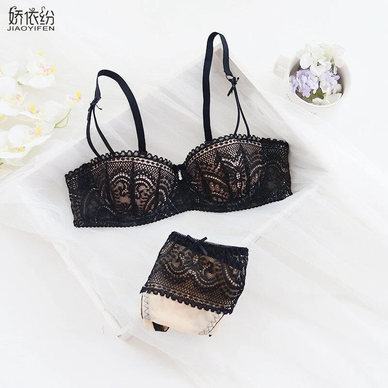 JYF Brand French Luxury Sexy Lace Underwear Set 1/2 cup Ultra Thin Bra Set Sexy Women Comfortable Lingerie Panties Sets