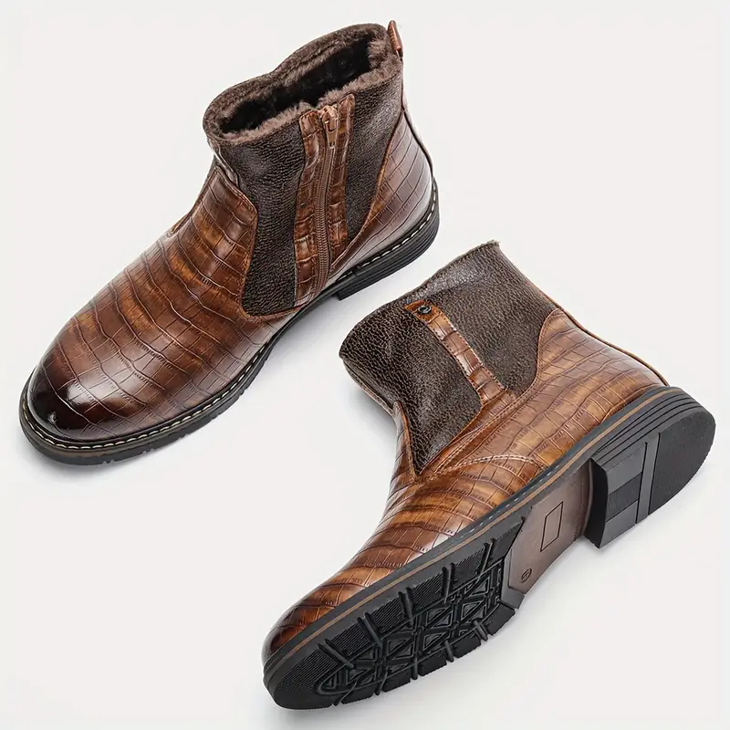 mens trendy vintage ankle boots waterproof anti skid side zippered boots with fuzzy lining for outdoor autumn and winter details 8