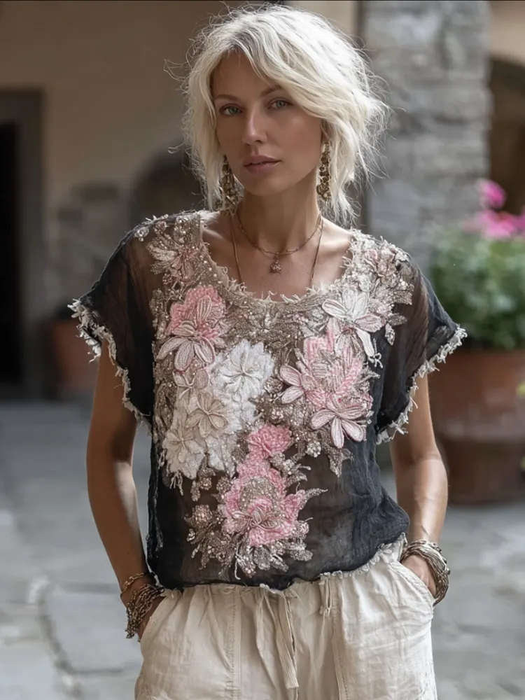 Boh&egrave;me Style Embroidered Rose Gradient Tie-dye Short-sleeved Round-neck Top