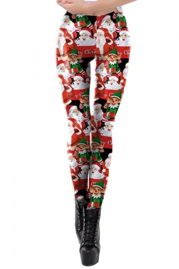 Santa And Elf Christmas Leggings Dark Red-elleschic