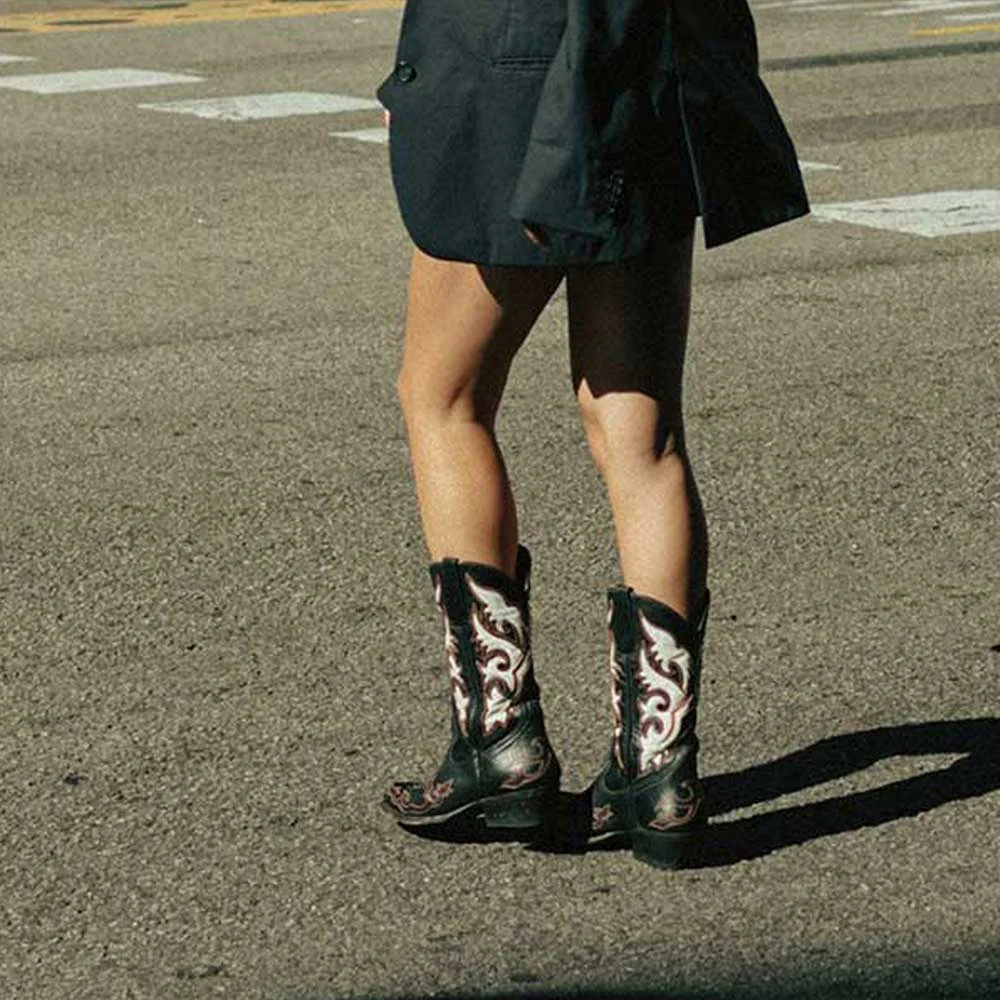  Patchwork Pattern Chunky Heel Round Toe Black Cowboy Boots for Women