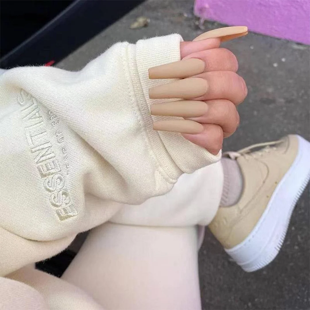 24Pcs Detachable Matter Butterfly Long Coffin False Nails Ballerina Wearable Milk Tea Color Fake Nails Full Cover Manicure Tool-Nail Inspo