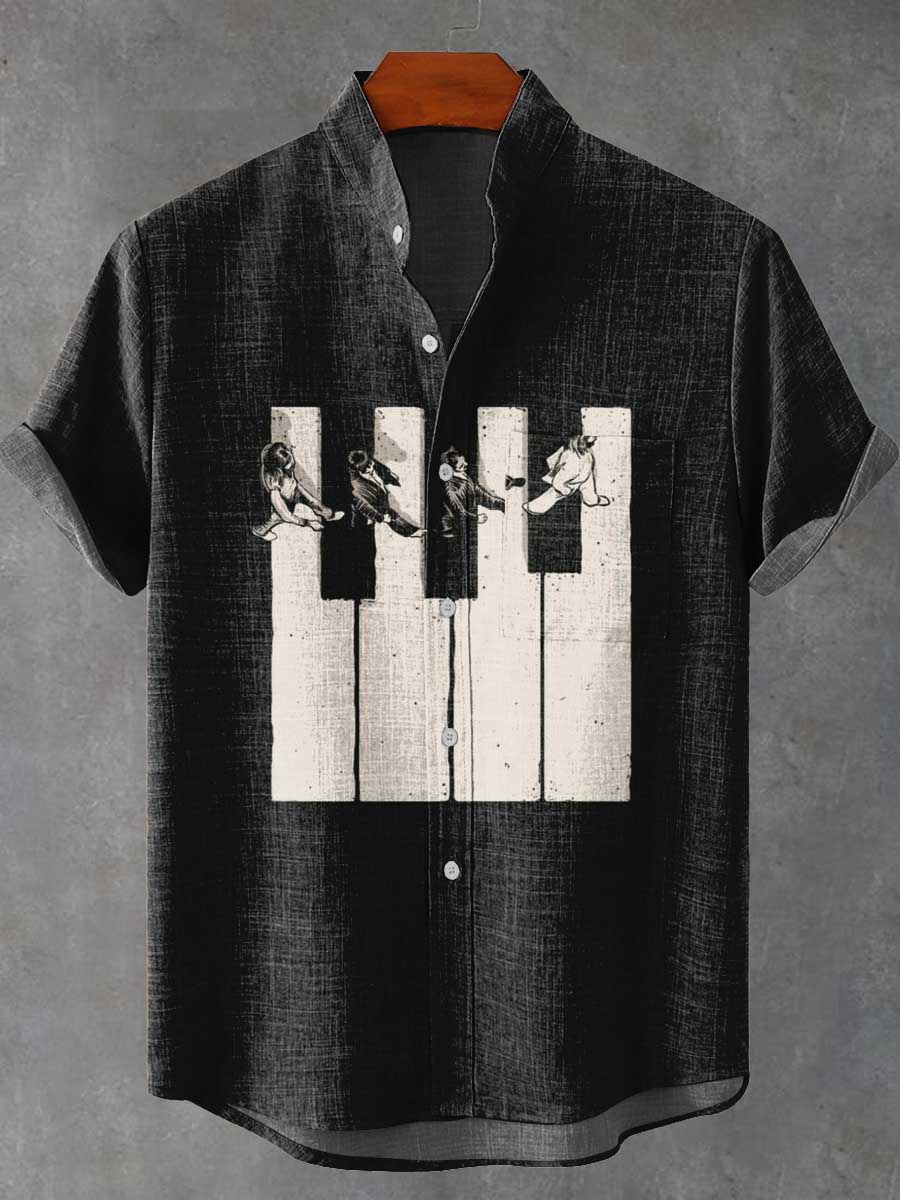 Jazz Abstract Piano Road Pedestrian Vintage Print Casual 100% Cotton Shirt