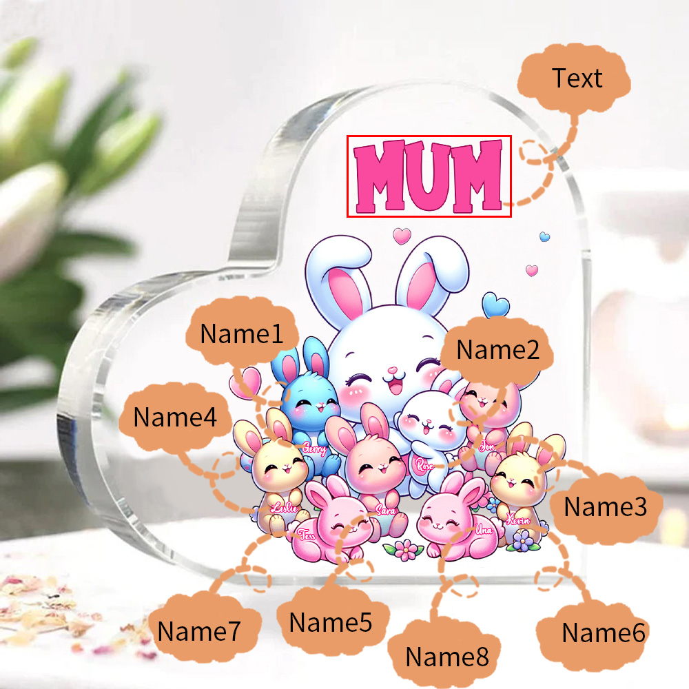 Personalised Text Acrylic Heart Keepsake Custom 8 Names Ornament Bunny Family Gifts For Mother/Grandma-Jessemade AU