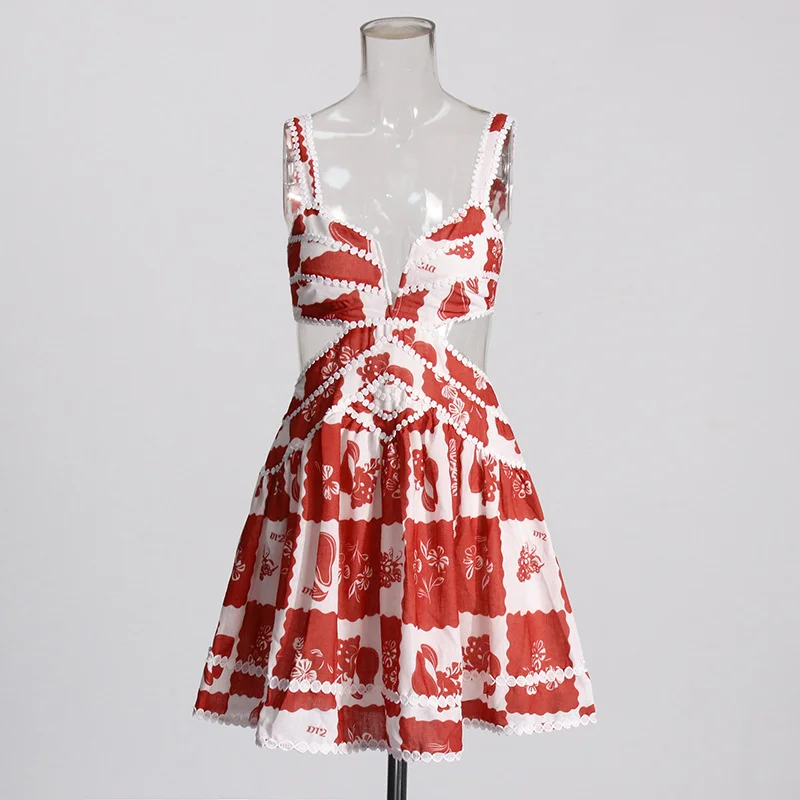 Brownm Fashion Temperament Dress Women's 2025 Summer Women's New Printed Dresses Empty Broken Flower Hanging Dresses
