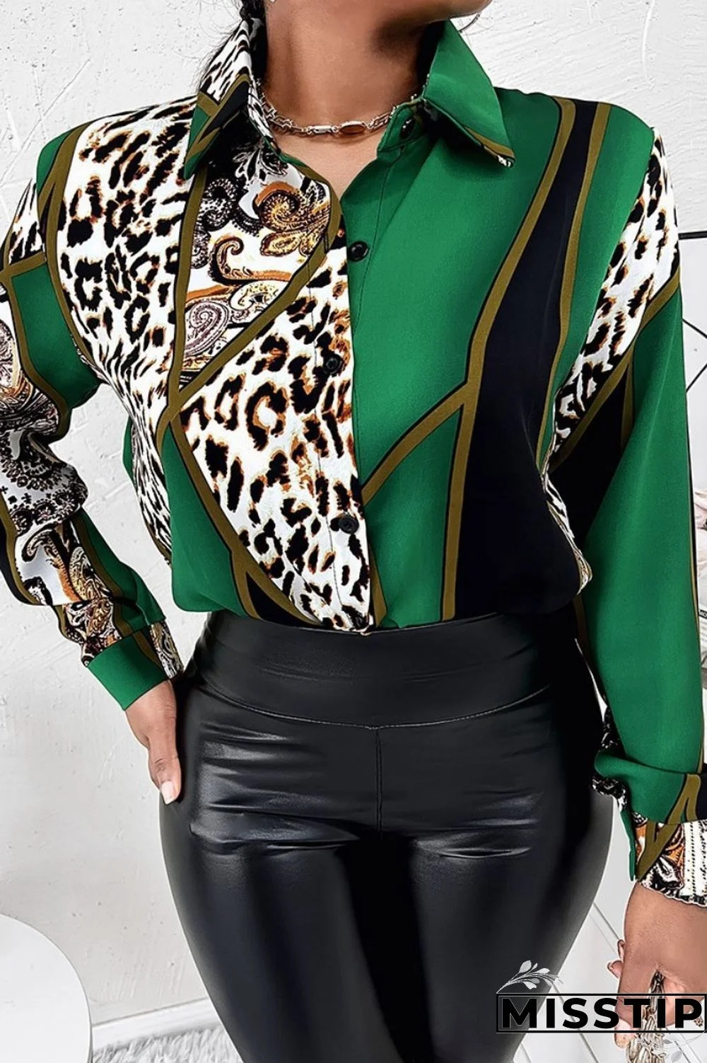 Leopard Print Casual Print Patchwork Shirt Collar Tops