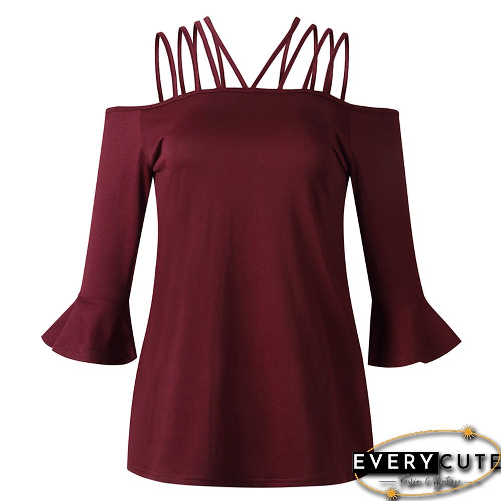 Wine Red Off Shoulder Bell Sleeve Top