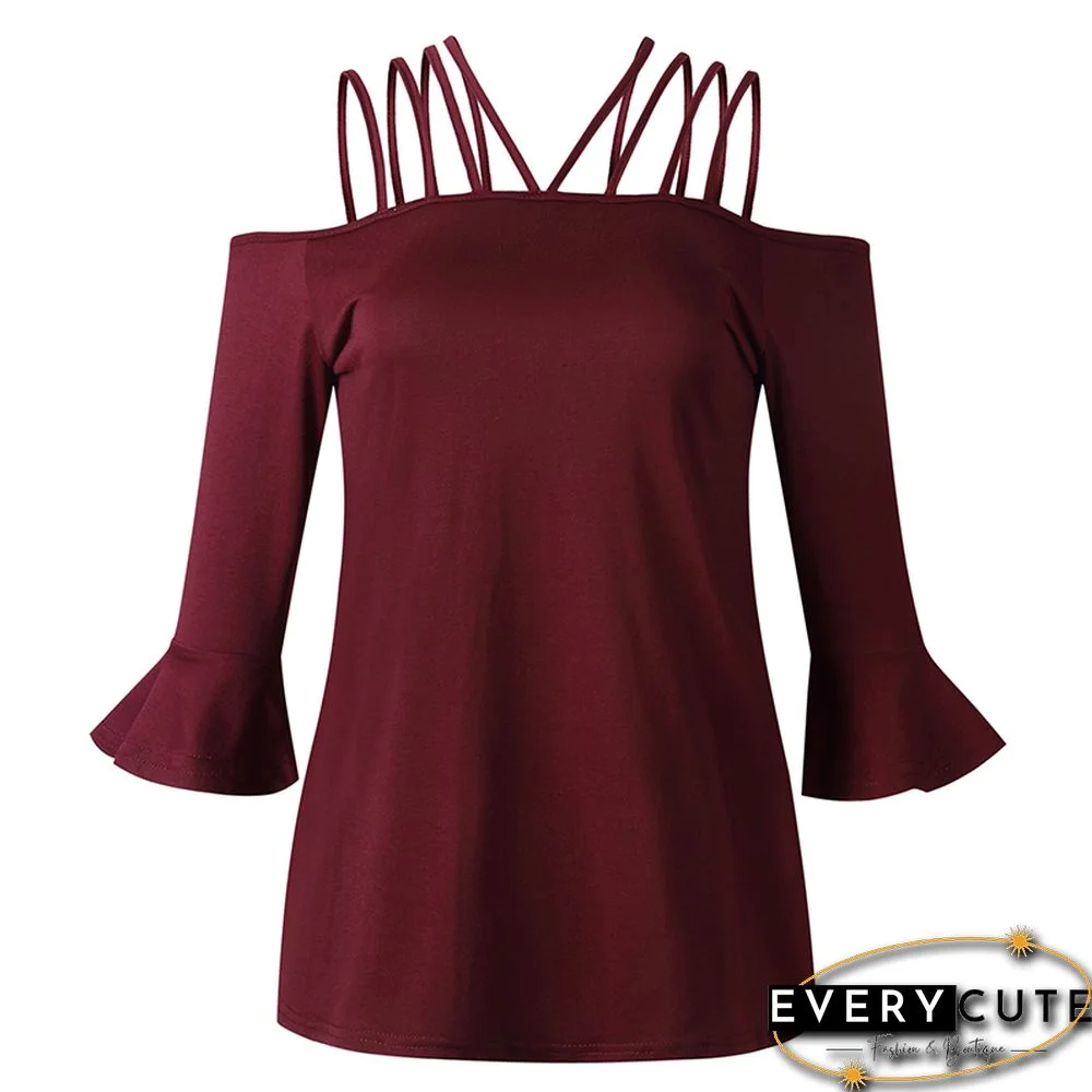Wine Red Off Shoulder Bell Sleeve Top