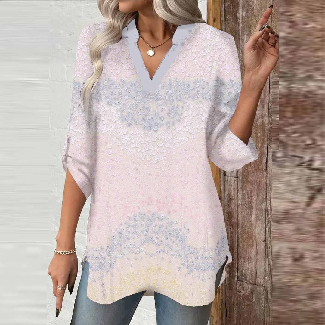 Women Pink, Geometric, Shiny DZGA0512 3/4 Sleeve V-neck Printed Graphic Button Tops