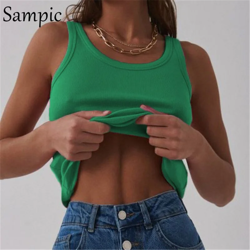 Sampic Women Y2K Knitted Fashion Ribber Basic Skinny T Shirt Tops Casual Sleeveless O Neck Crop Tops Khaki Summer Tank Tops