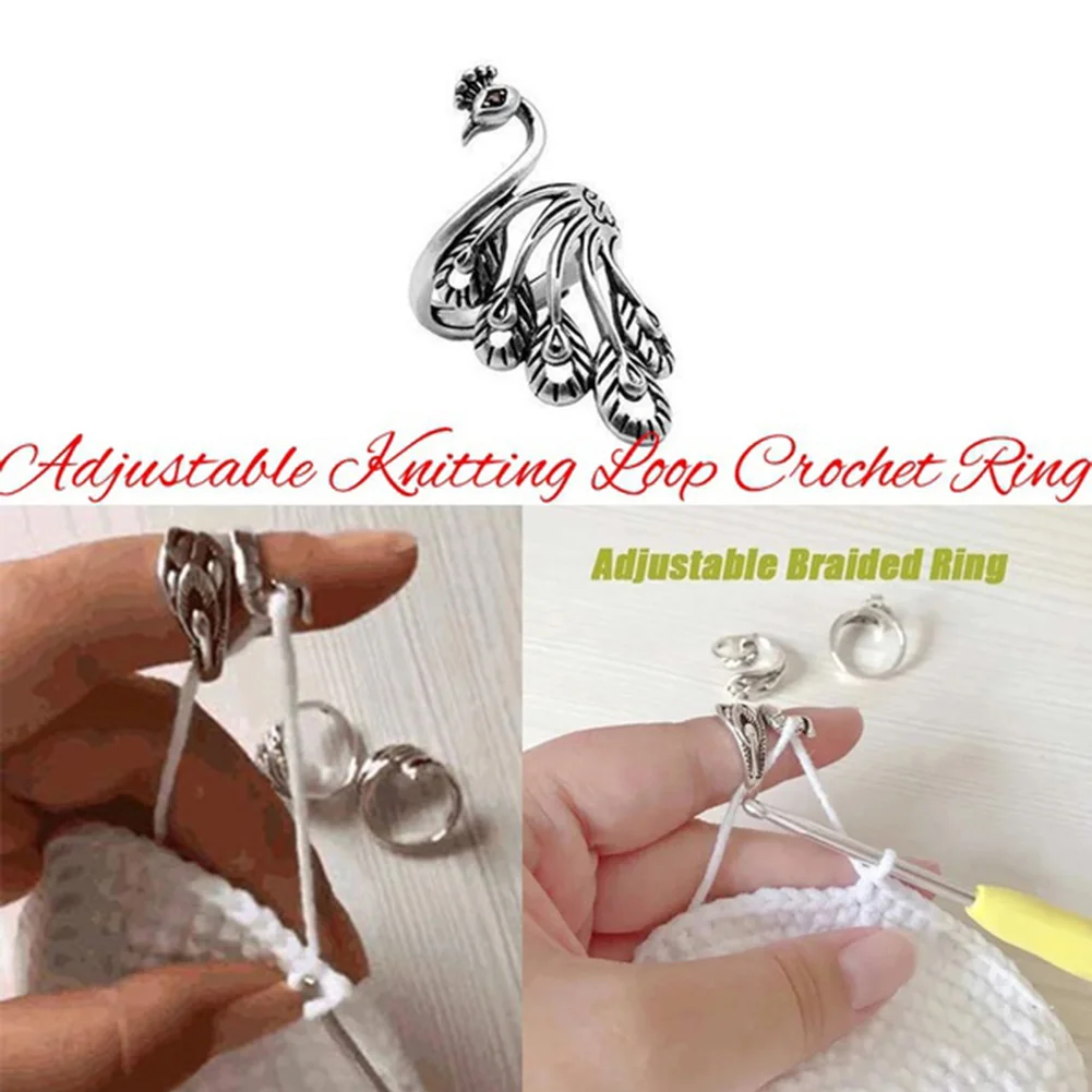 Women Vintage Alloy Ring Adjustable Thimble Crochet Loop (Silver Peafowl)