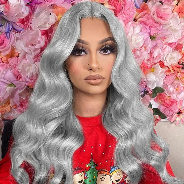 Junoda Silver Grey Body Wave Wig Lace Front Wig Colored Human Hair Wigs for Women