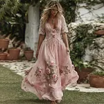 Women's Vintage Pink Floral Lace Art Linen Blend Casual Short Sleeve Maxi Dress - Image 2