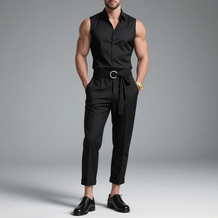 Okaywear Solid Shirt Collar Sleeveless Button Slant Pocket Belt Jumpsuit 
