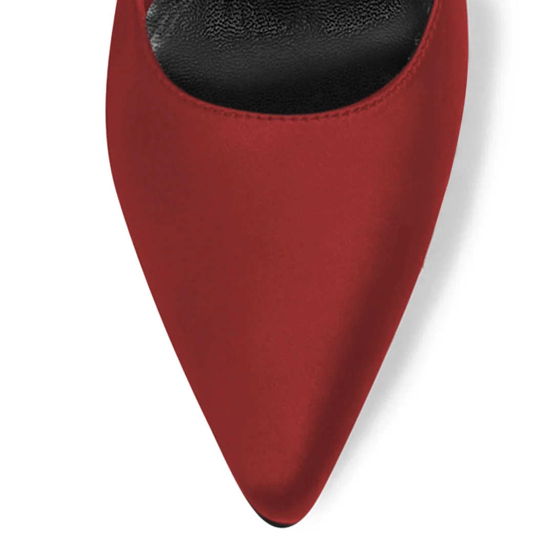 Red Satin Slip-On Pointed Toe Pumps Heels with Pearl Bow Accent