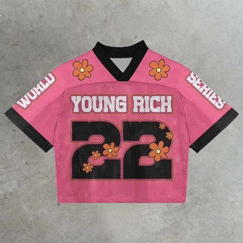 Sopula Vintage Daisy Young Rich Graphics Printed Football V-Neck T-Shirt - SOPULA
