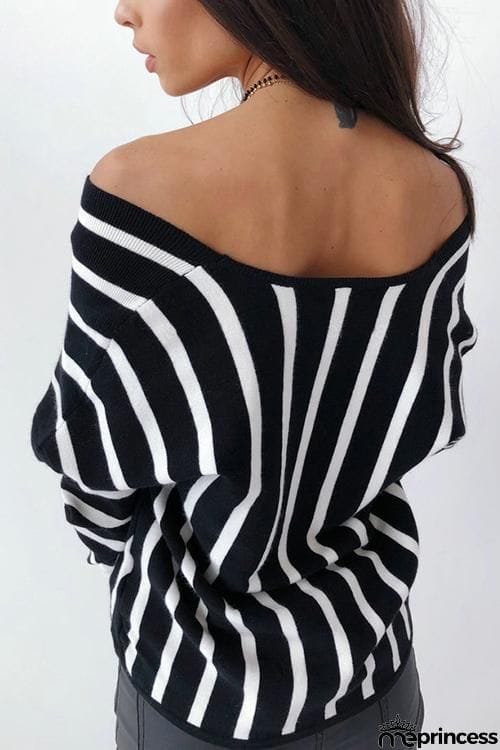 Button Stripe V Neck T Shirt