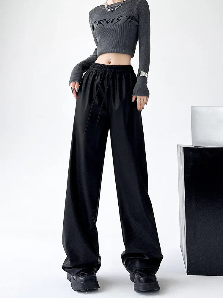 Aiertu Black Wide PU Leather Pants Women Autumn Vintage Elastic High Waist Y2K Harajuku Baggy Straight Trousers Aiertu
