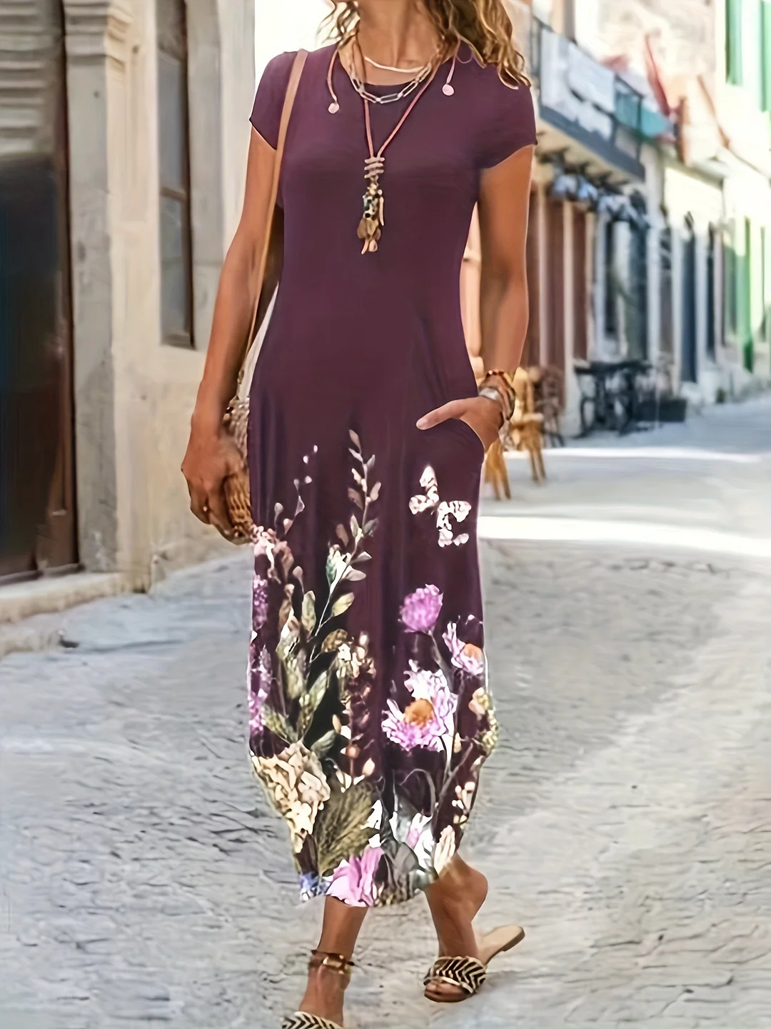 Churchf Churchf Women's Summer New Casual Fashion Print Pocket Dress Women's Full-Length Dress