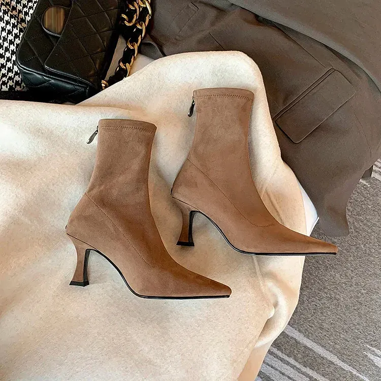 Women&acirc;&euro;&trade;s Faux Leather Sock Boots with Pointed Toe and Mid Heel &acirc;&euro;&ldquo; Brown Stretch Fit Ankle Boots