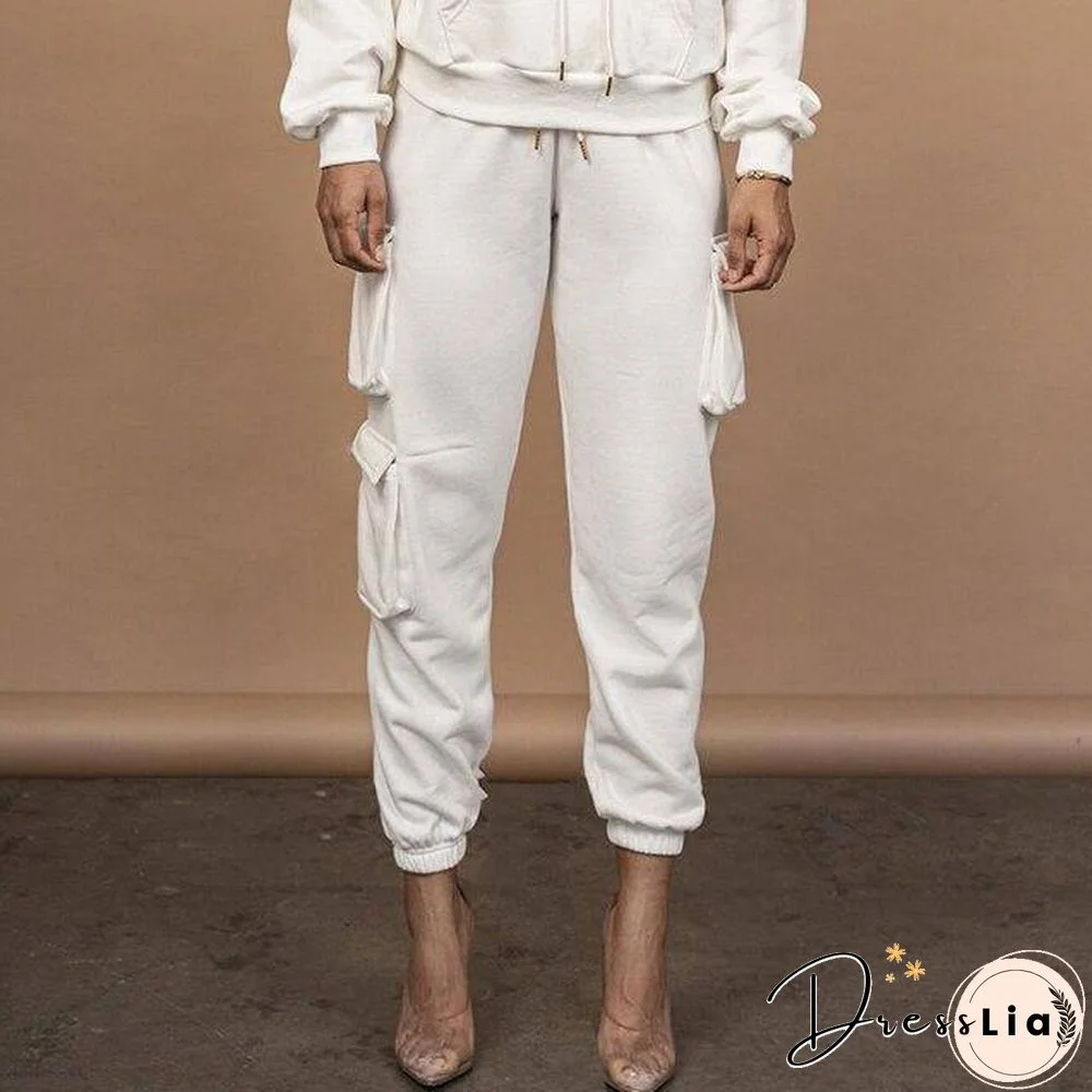 2 Piece Women Sports Casual Set Sweatshirt Crop Tops Pocket Sweatpants Baggy Pants Tracksuit Streetwear Joggers Summer Outfits