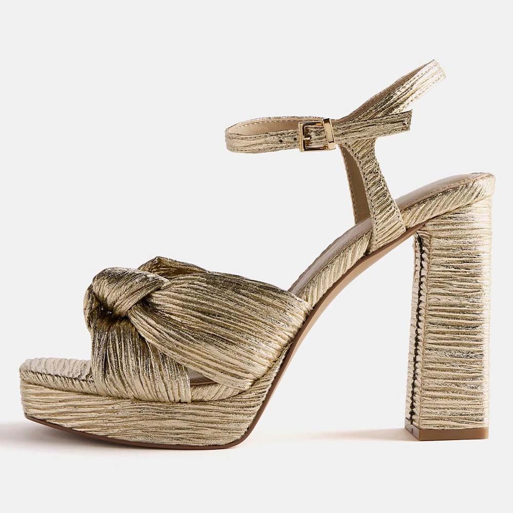 Shiny Gold Textured Open Toe Knot Platform High Heels Sandals Nicepairs