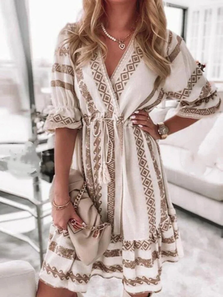 Women Casual Patchwork Holiday Loose Dress V Neck Print Streetwear Beach Mini Dress 2022 Elegant Lady Petal Sleeve Party Dress