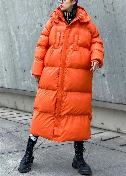 Luxury orange outwear oversized down jacket hooded zippered overcoat