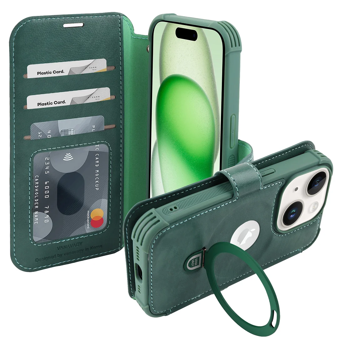 VANAVAGY Wallet Case for iPhone 15 Case Magnetic Ring Holder Flip Shockproof Leather Phone Case