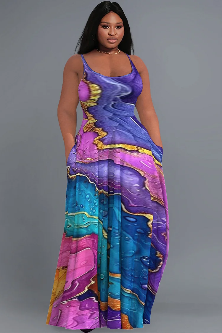 Xpluswear Design Plus Size Casual Purple Marble Colorblock Cami With Pockets Maxi Dresses