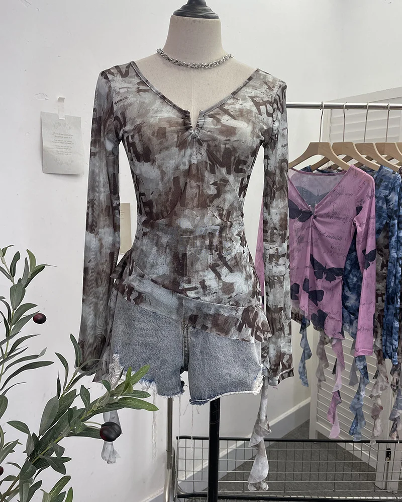 Zingj Dizziness Printing Mesh T-Shirt T-Shirt Irregular Lotus Leaf Side Ribbon Short Coat 9927