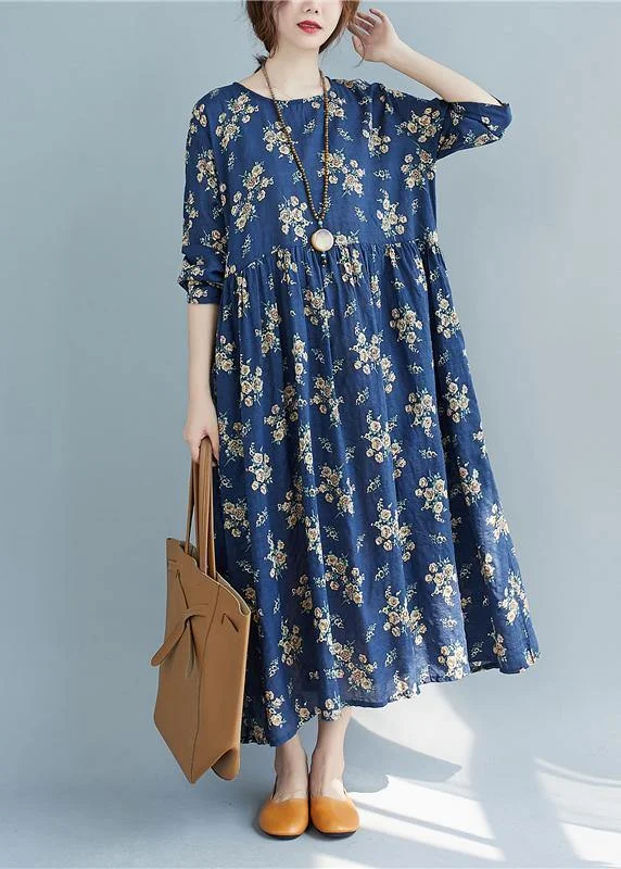 DIY O Neck Cinched Spring Quilting Clothes Work Outfits Blue Print Traveling Dress