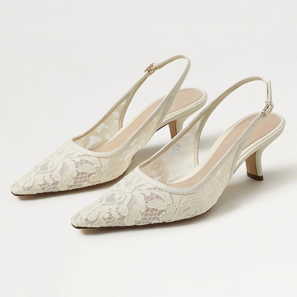 Fashion Ivory Pointed Toe Embroidered Pumps Shoes with Chunky Heel