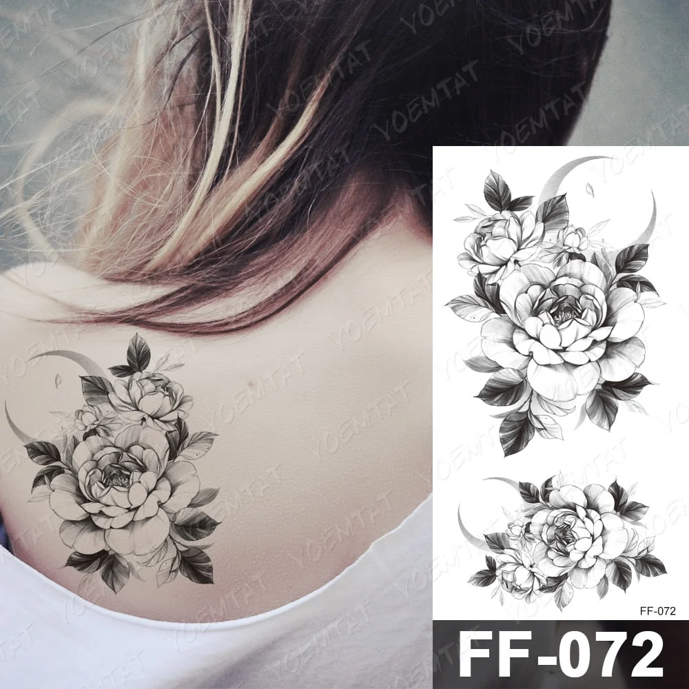 Waterproof Temporary Tattoo Stickers Peony Rose Flower Gun Flash Tattoos Female Black Sketch Body Art Arm Sexy Fake Tatto Male