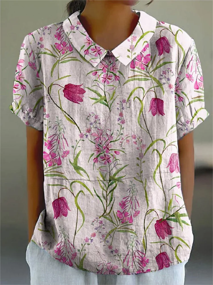Women's Flower Print Casual Cotton And Linen Shirt