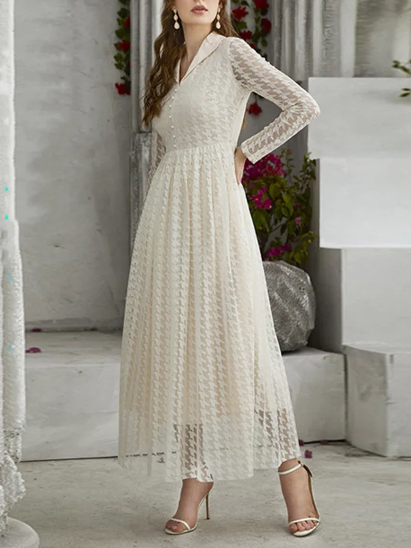 High Waisted Long Sleeves Buttoned Gauze See-Through Solid Color V-Neck Maxi Dresses