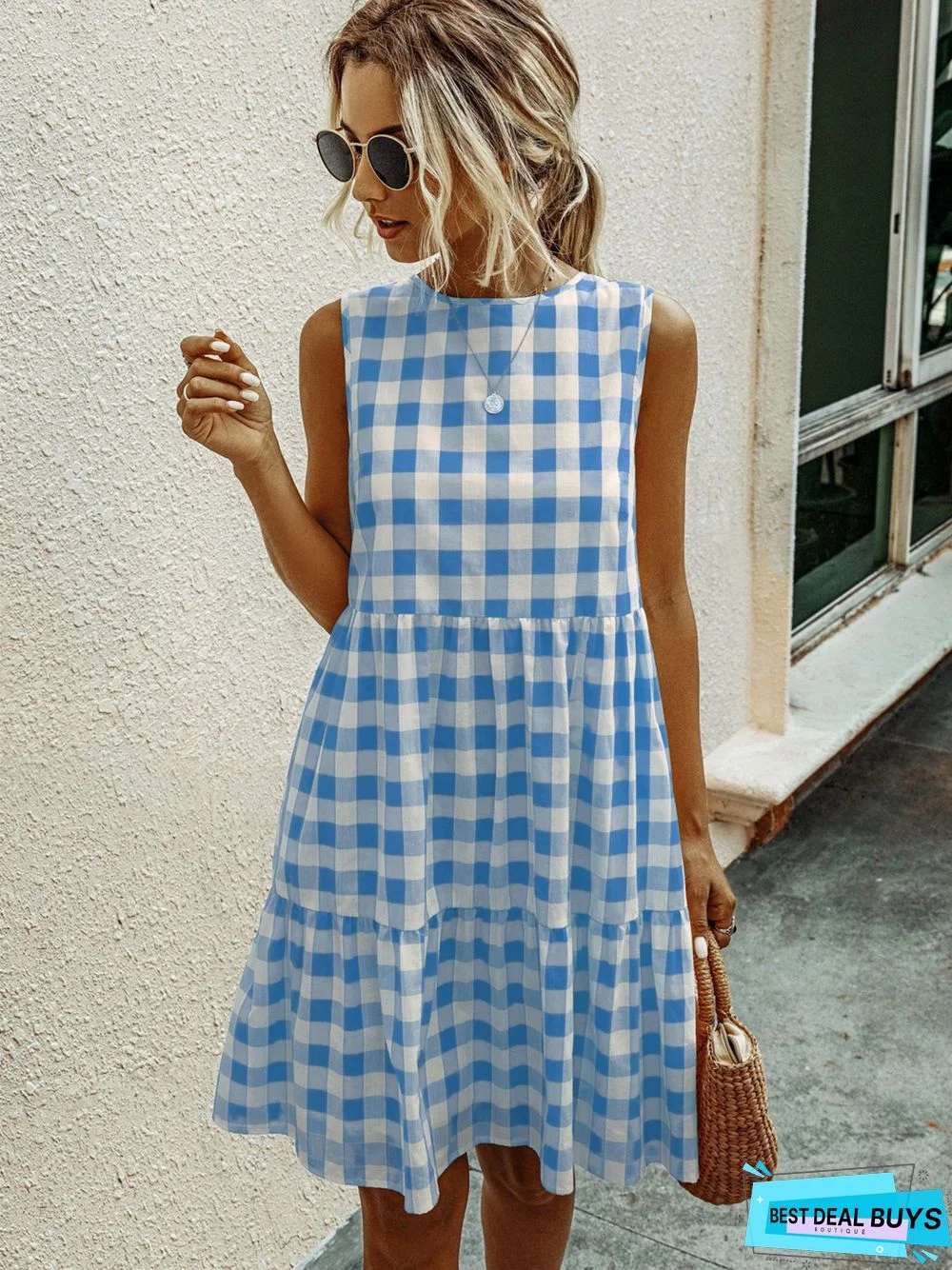 Fashion Round Neck Plaid Loose Female Plaid Dress Cake Skirt