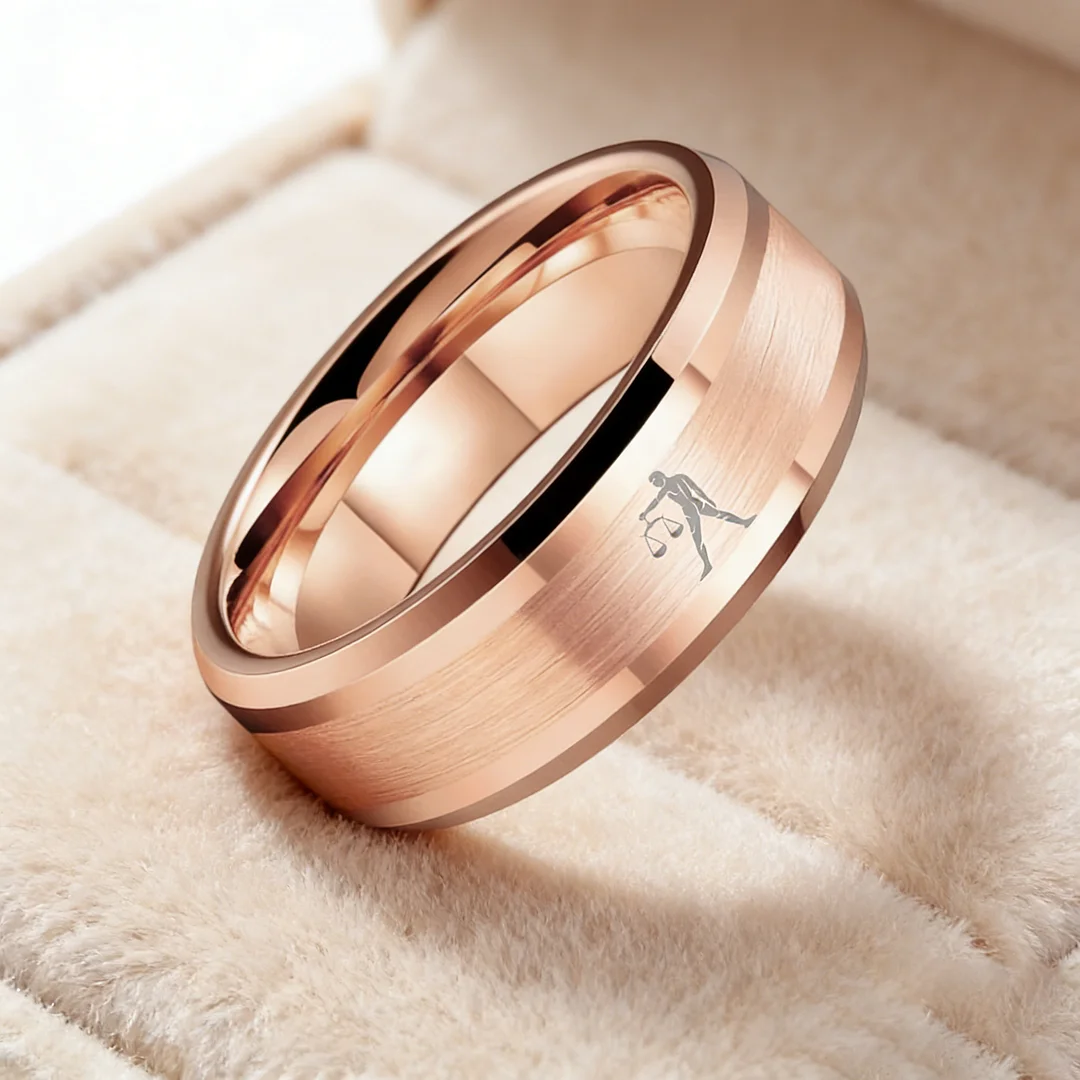 Rose Gold Libra Tungsten Carbide Ring Beveled Edges Rose Gold Laser Etched Couple Wedding Bands for Men and Women 4MM 6MM 8MM