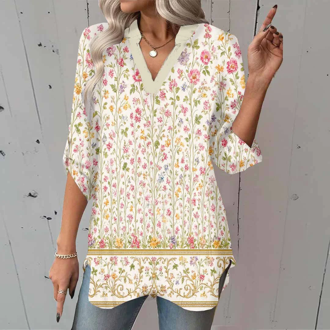 Women Floral,Red,Beige DZGA0251 3/4 Sleeve V-neck Printed Graphic Button Tops