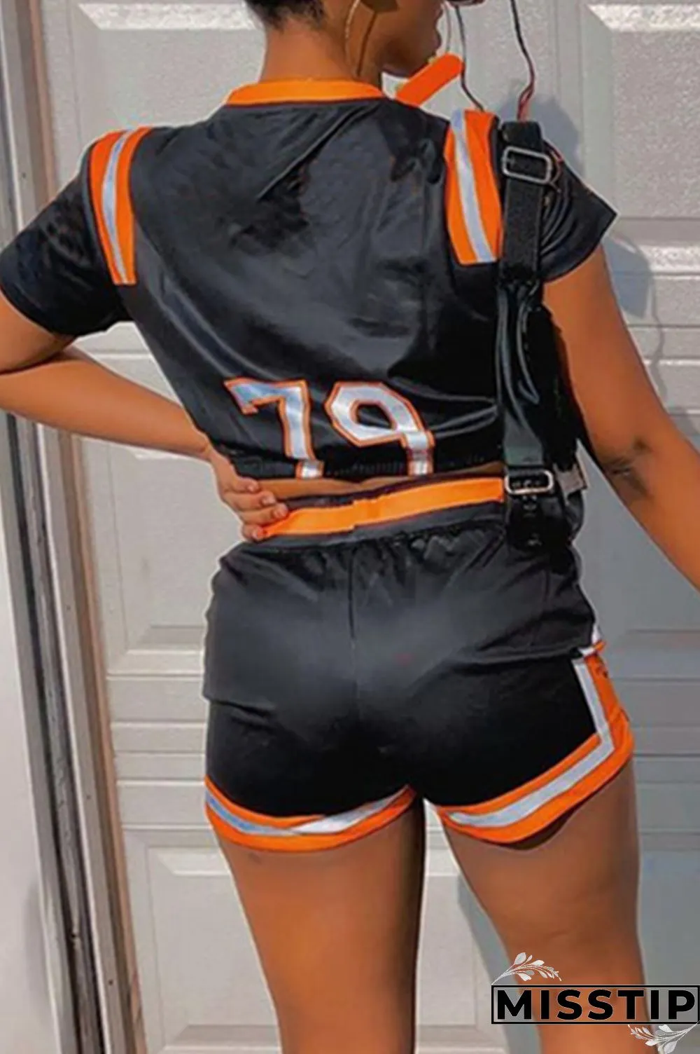 Orange Fashion Sportswear Print Patchwork Short Sleeve Two Pieces