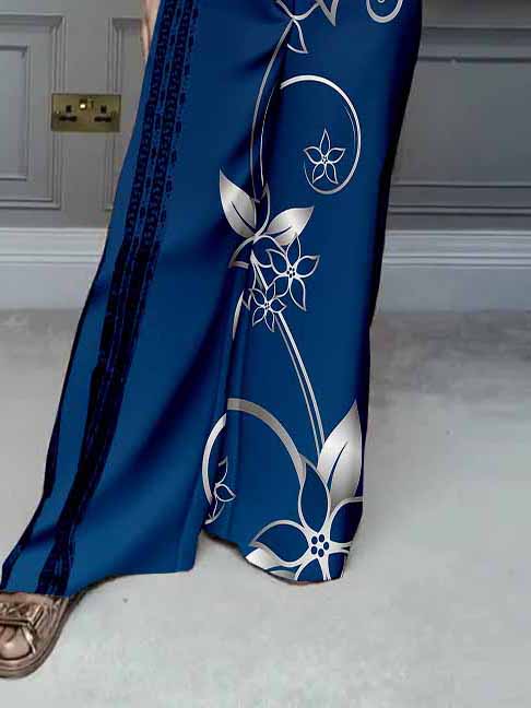 Women Floral, Blue, White DZDL1167 V-neck Short Sleeve Blouse and Pants Set