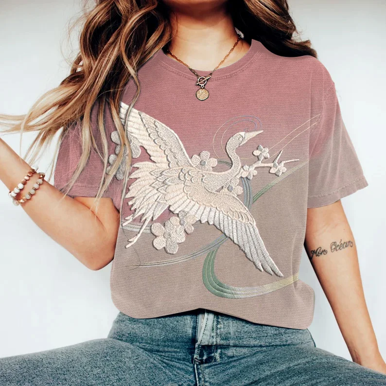 Women's Japanese Art Blossom Crane Embroidery Art Retro T-Shirt