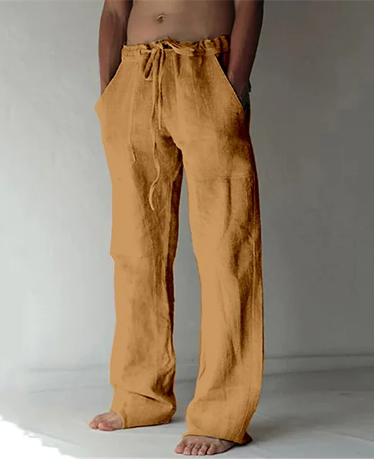 Linen Drawstring Loose Solid Color Side Pocket Casual Pants 
