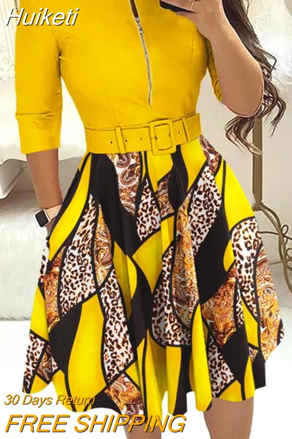 Huiketi Womens Dresses 2023 Summer Fashion Leopard Print Colorblock Zipper Pocket Design Casual Round Neck Daily Midi Dress with Belt