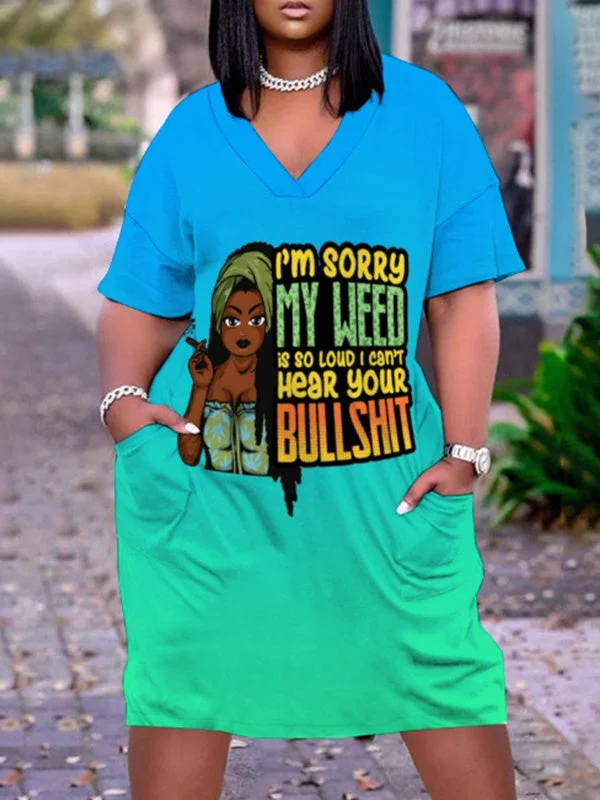 Digital Print V-Neck Casual Pocket Dress