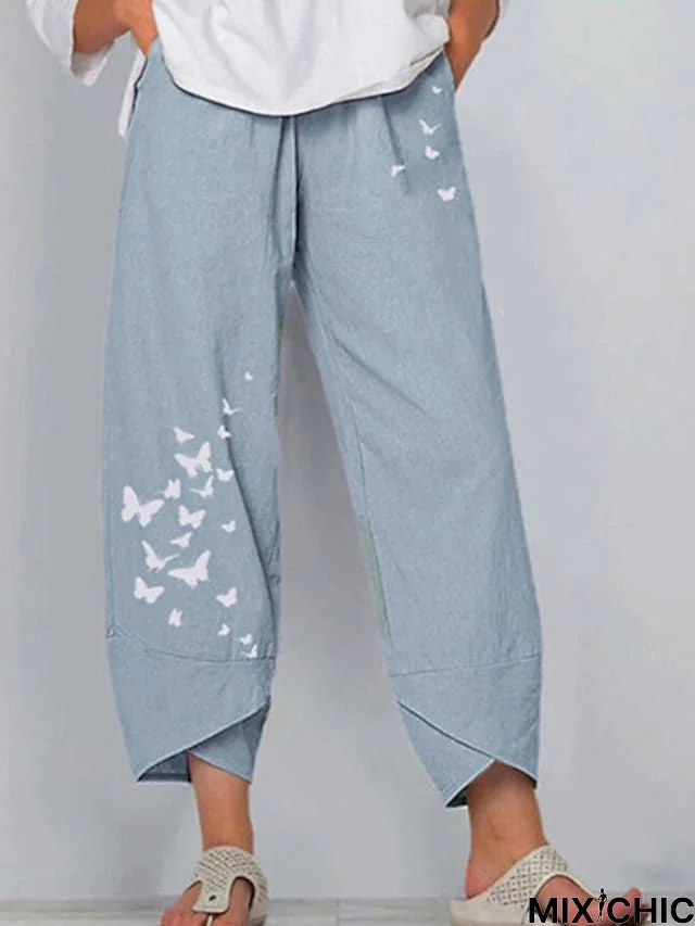 Women's Chinos Pants Trousers Green Blue Gray Mid Waist Classic Casual Print Full Length Patterned S M L XL XXL / Loose Fit