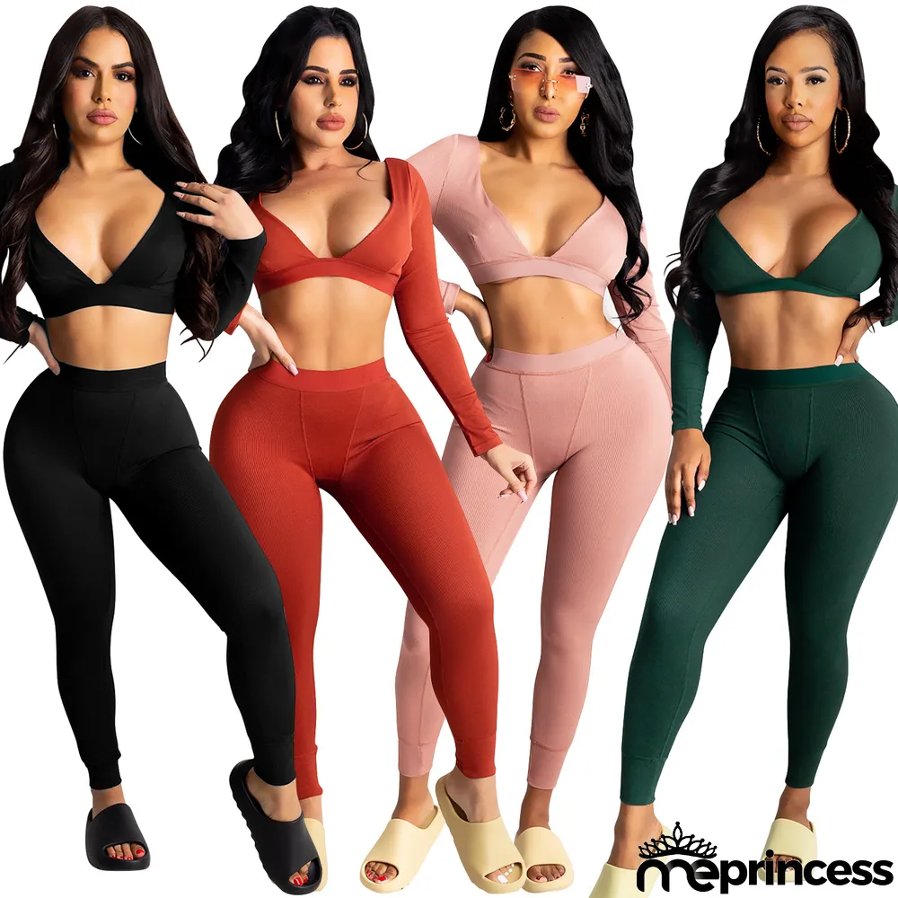 Sexy V-neck Knitted Fashion Casual Long-sleeved Two-piece Suit