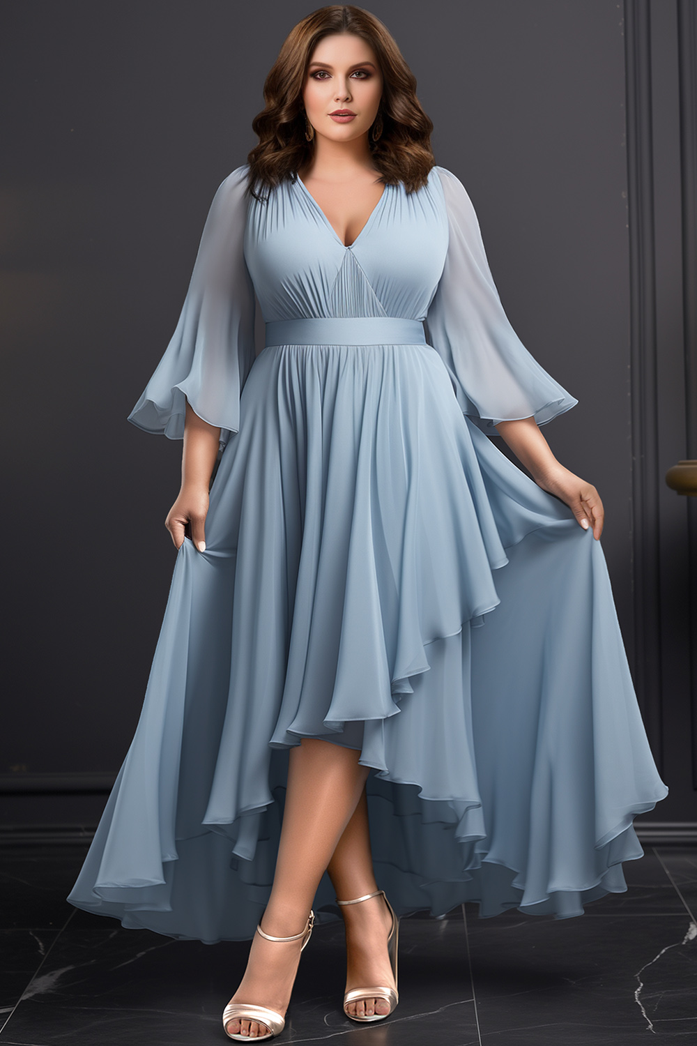 Flycurvy Plus Size Wedding Guest Light Blue Chiffon Irregular Hem Flare Sleeve Maxi Dress