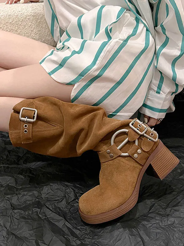 Buckle Round-Toe Split-Joint Velvet Boots Pumps
