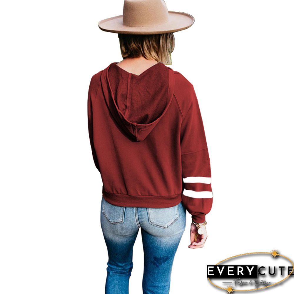Wine Red Buttoned Long Sleeve Hoodie